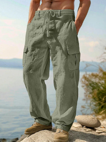 Mens_Linen_Cargo_Pants_Flap_Pockets_with_Elastic_Waist_10