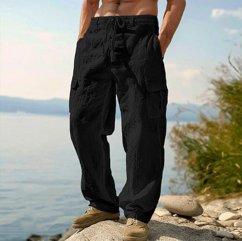 Mens_Linen_Cargo_Pants_Flap_Pockets_with_Elastic_Waist_2