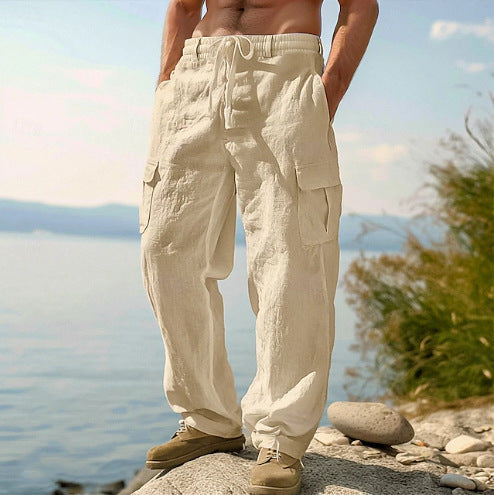 Mens_Linen_Cargo_Pants_Flap_Pockets_with_Elastic_Waist_4