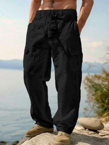 Mens_Linen_Cargo_Pants_Flap_Pockets_with_Elastic_Waist_6