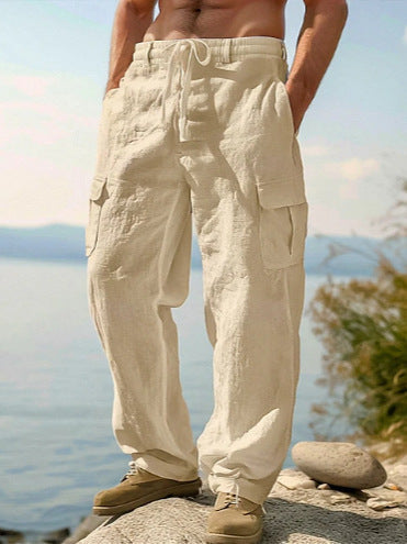 Mens_Linen_Cargo_Pants_Flap_Pockets_with_Elastic_Waist_8