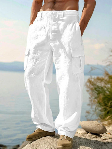 Mens_Linen_Cargo_Pants_Flap_Pockets_with_Elastic_Waist_9