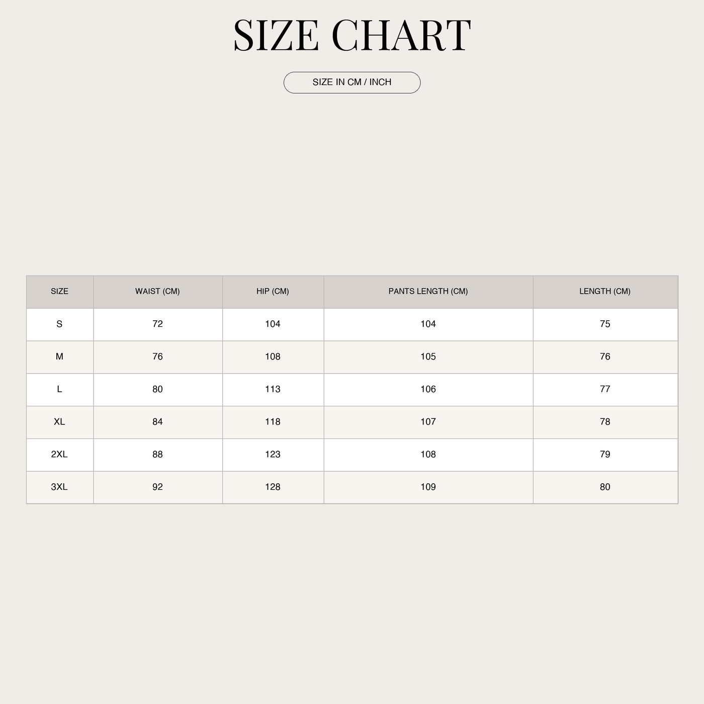 Men's Linen Cargo Pants – Flap Pockets with Elastic Waist size chart