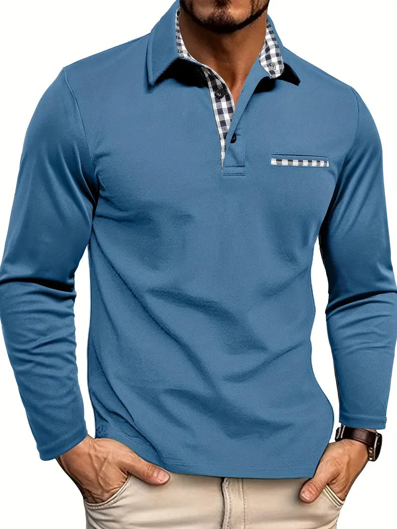 Mens_Long_Sleeve_Polo_Shirt_Plaid_Trim_Collar_Detail_1
