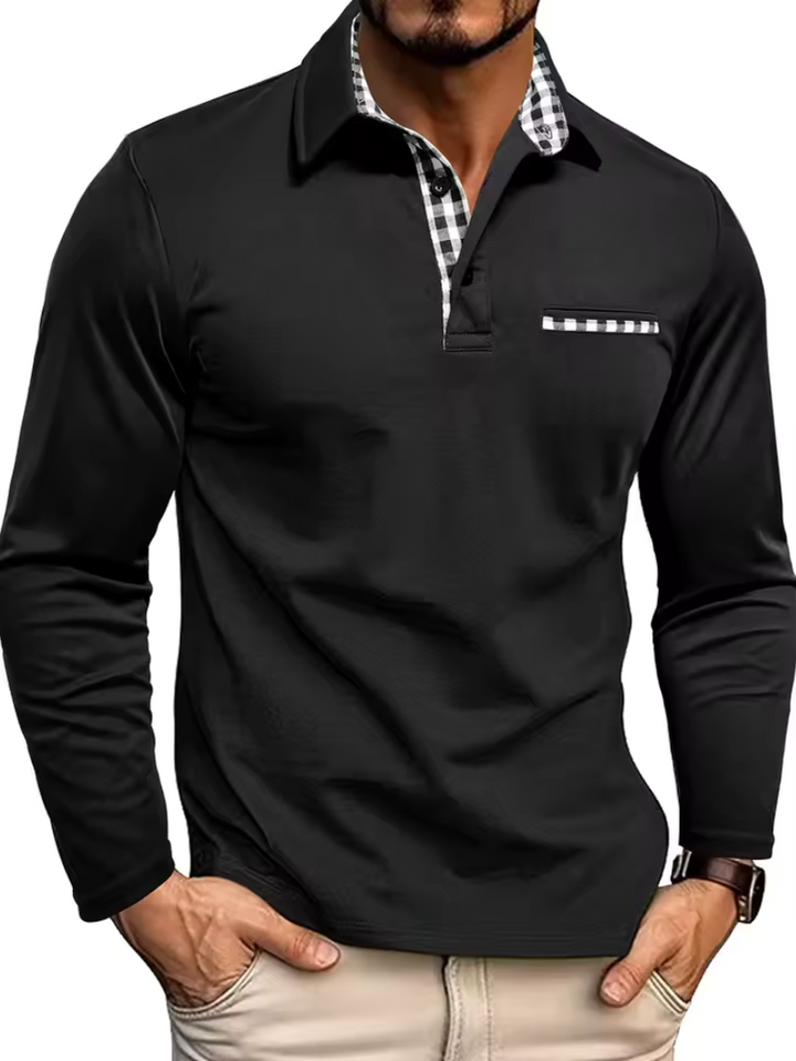 Mens_Long_Sleeve_Polo_Shirt_Plaid_Trim_Collar_Detail_2