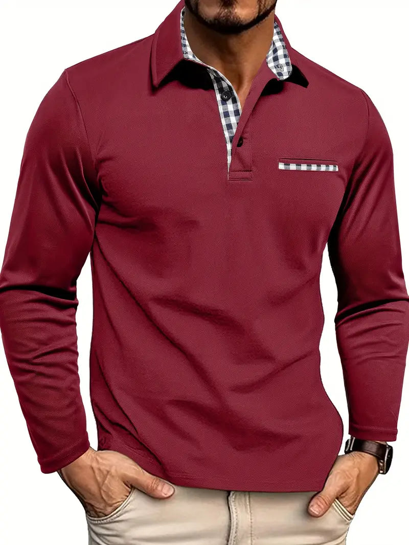 Mens_Long_Sleeve_Polo_Shirt_Plaid_Trim_Collar_Detail_3