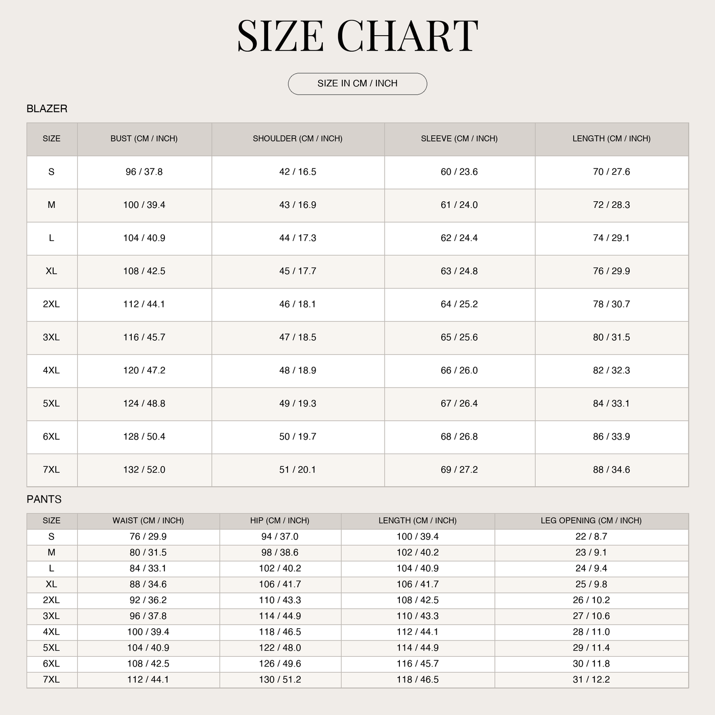 Men's Modern Three-piece Suit – Slim Fit and Sleek Silhouette size chart
