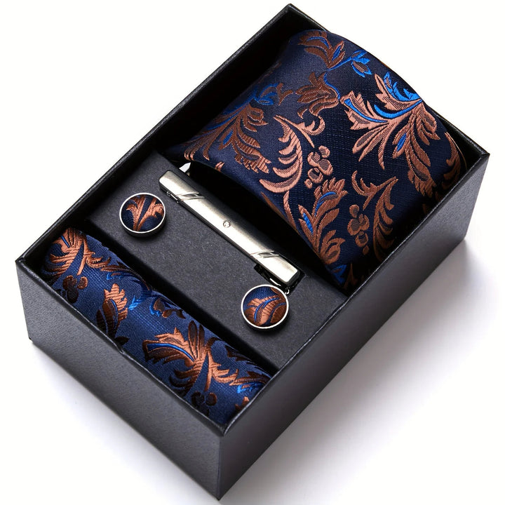 Men's Tie Set with Paisley Pattern – Matching Pocket Square Clip and Cufflinks 10