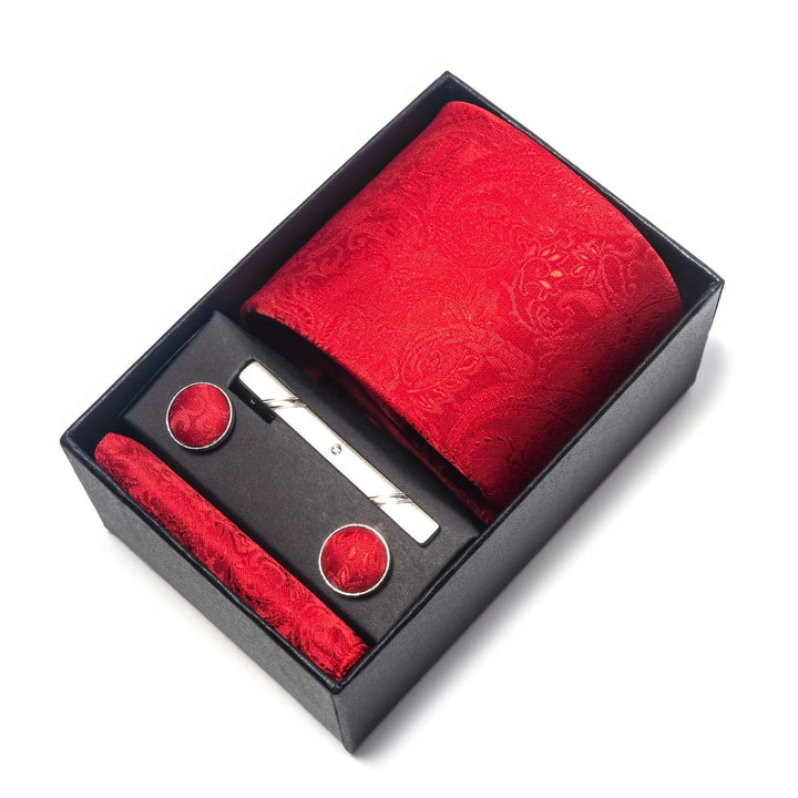 Men's Tie Set with Paisley Pattern – Matching Pocket Square Clip and Cufflinks 11