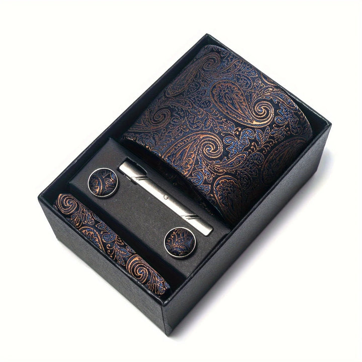 Men's Tie Set with Paisley Pattern – Matching Pocket Square Clip and Cufflinks 13