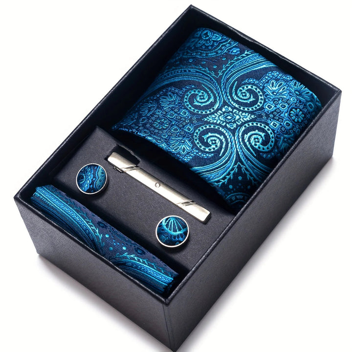 Men's Tie Set with Paisley Pattern – Matching Pocket Square Clip and Cufflinks 14