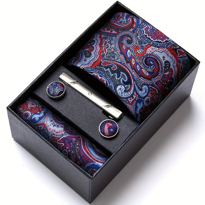Men's Tie Set with Paisley Pattern – Matching Pocket Square Clip and Cufflinks 17