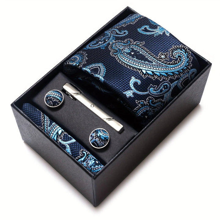 Men's Tie Set with Paisley Pattern – Matching Pocket Square Clip and Cufflinks 18