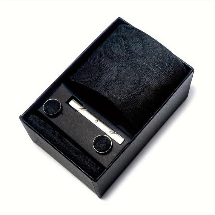 Men's Tie Set with Paisley Pattern – Matching Pocket Square Clip and Cufflinks 19