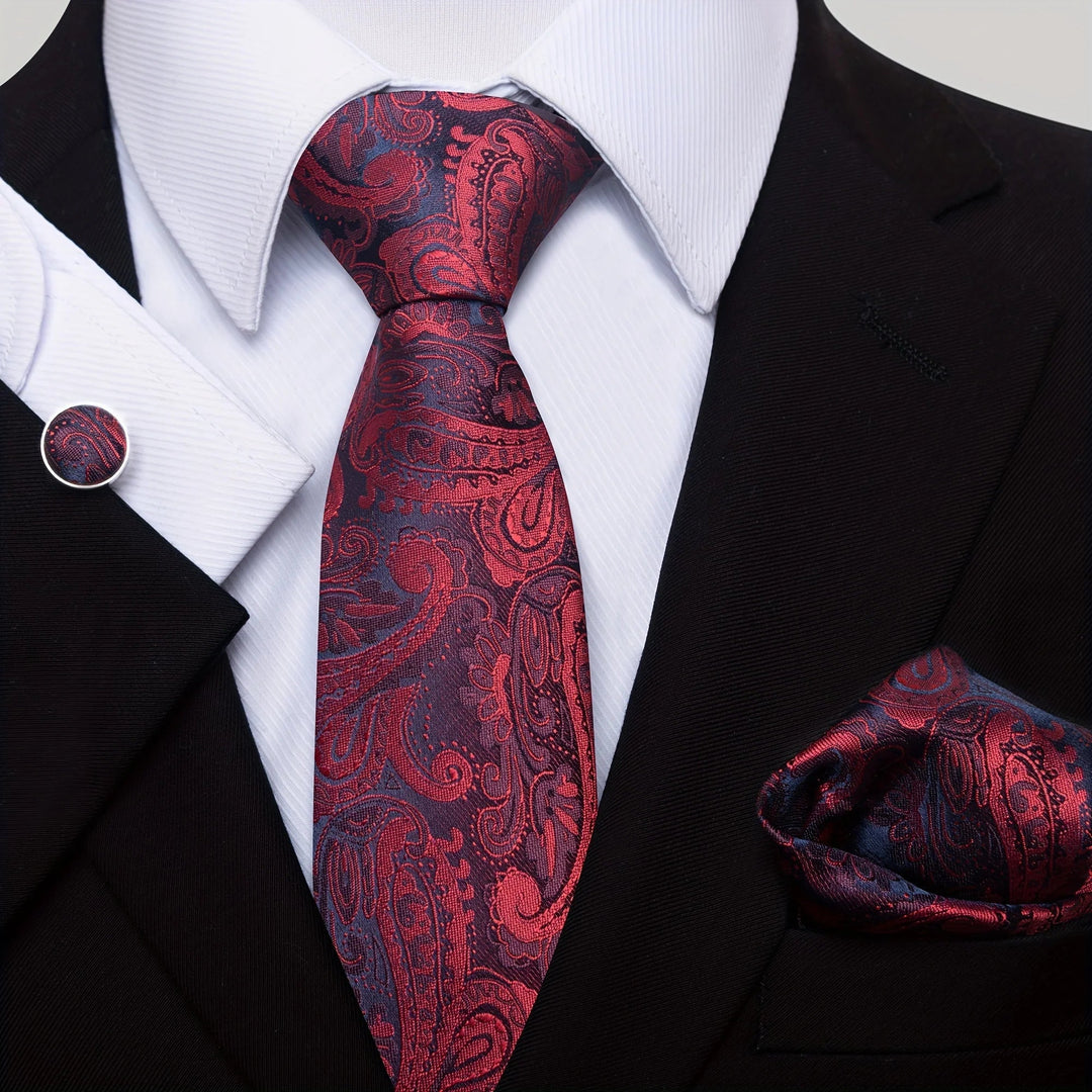 Men's Tie Set with Paisley Pattern – Matching Pocket Square Clip and Cufflinks 2