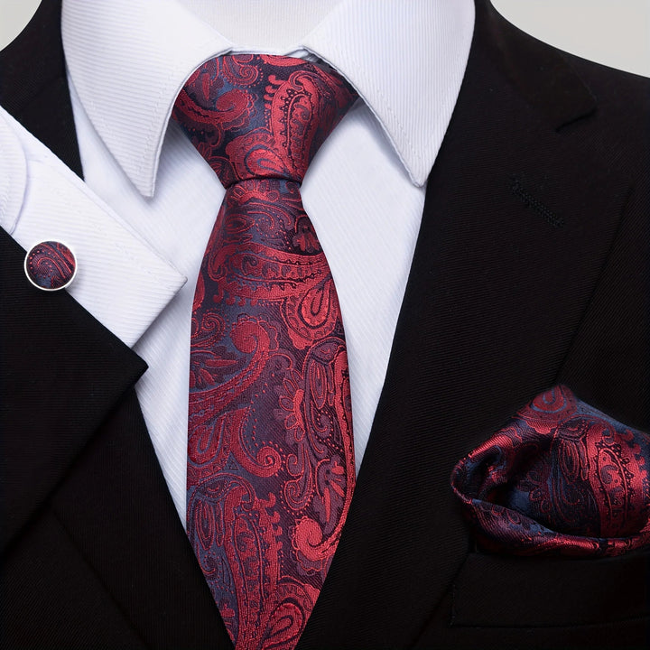 Men's Tie Set with Paisley Pattern – Matching Pocket Square Clip and Cufflinks 2