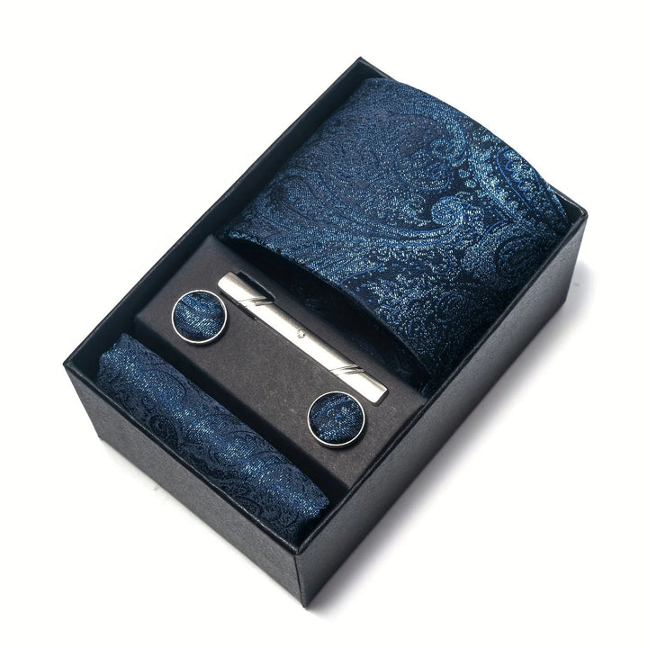 Men's Tie Set with Paisley Pattern – Matching Pocket Square Clip and Cufflinks 20