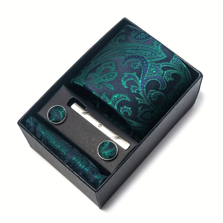 Men's Tie Set with Paisley Pattern – Matching Pocket Square Clip and Cufflinks 21