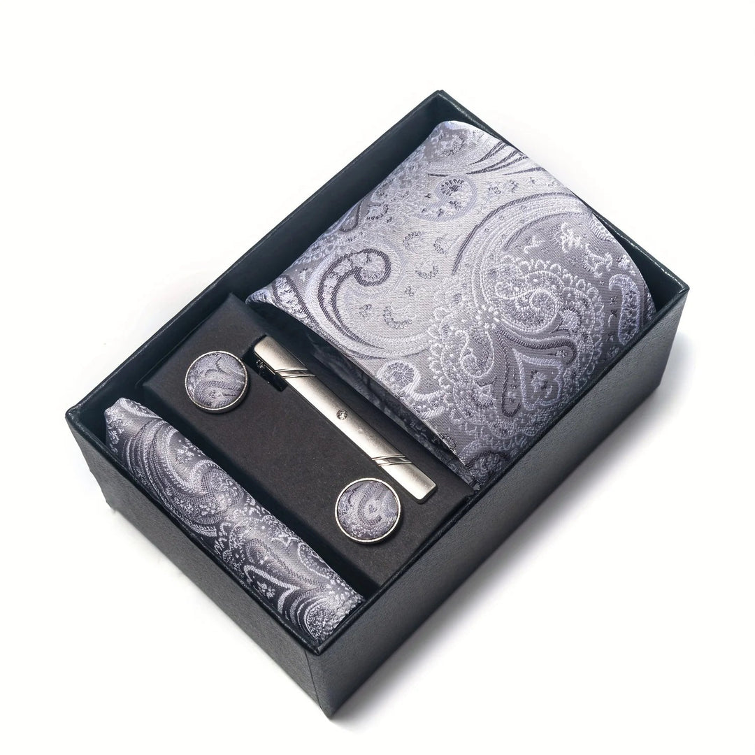 Men's Tie Set with Paisley Pattern – Matching Pocket Square Clip and Cufflinks 25