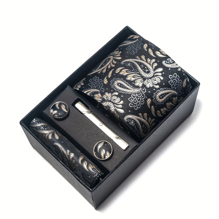 Men's Tie Set with Paisley Pattern – Matching Pocket Square Clip and Cufflinks 26