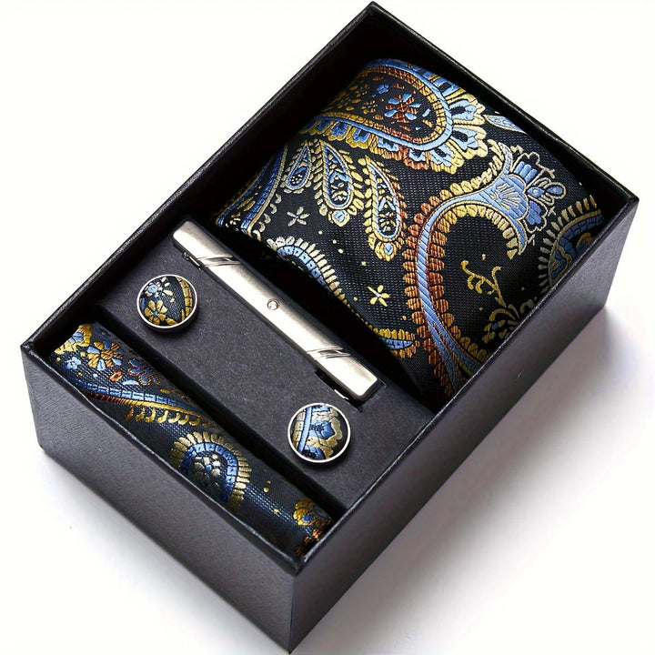 Men's Tie Set with Paisley Pattern – Matching Pocket Square Clip and Cufflinks 27