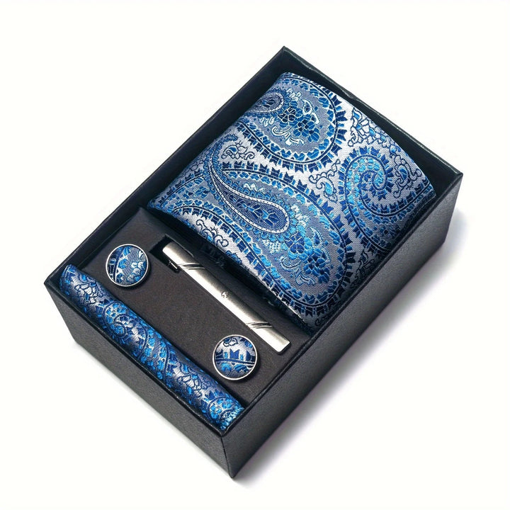 Men's Tie Set with Paisley Pattern – Matching Pocket Square Clip and Cufflinks 28