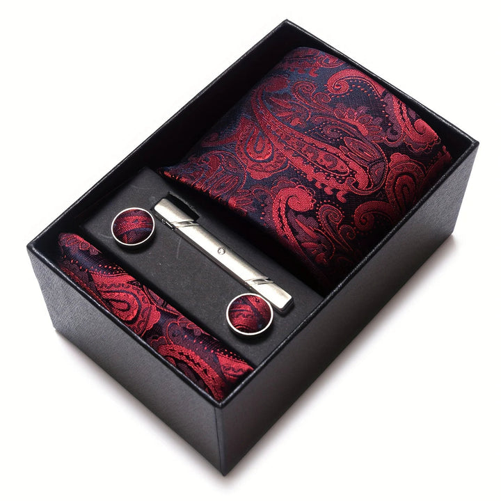 Men's Tie Set with Paisley Pattern – Matching Pocket Square Clip and Cufflinks 3