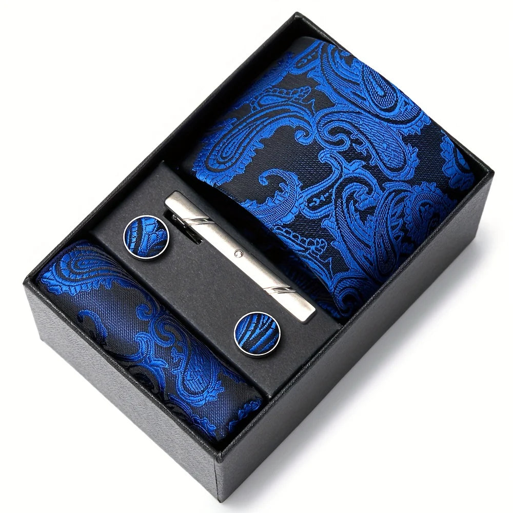 Men's Tie Set with Paisley Pattern – Matching Pocket Square Clip and Cufflinks 5