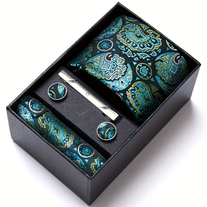Men's Tie Set with Paisley Pattern – Matching Pocket Square Clip and Cufflinks 7