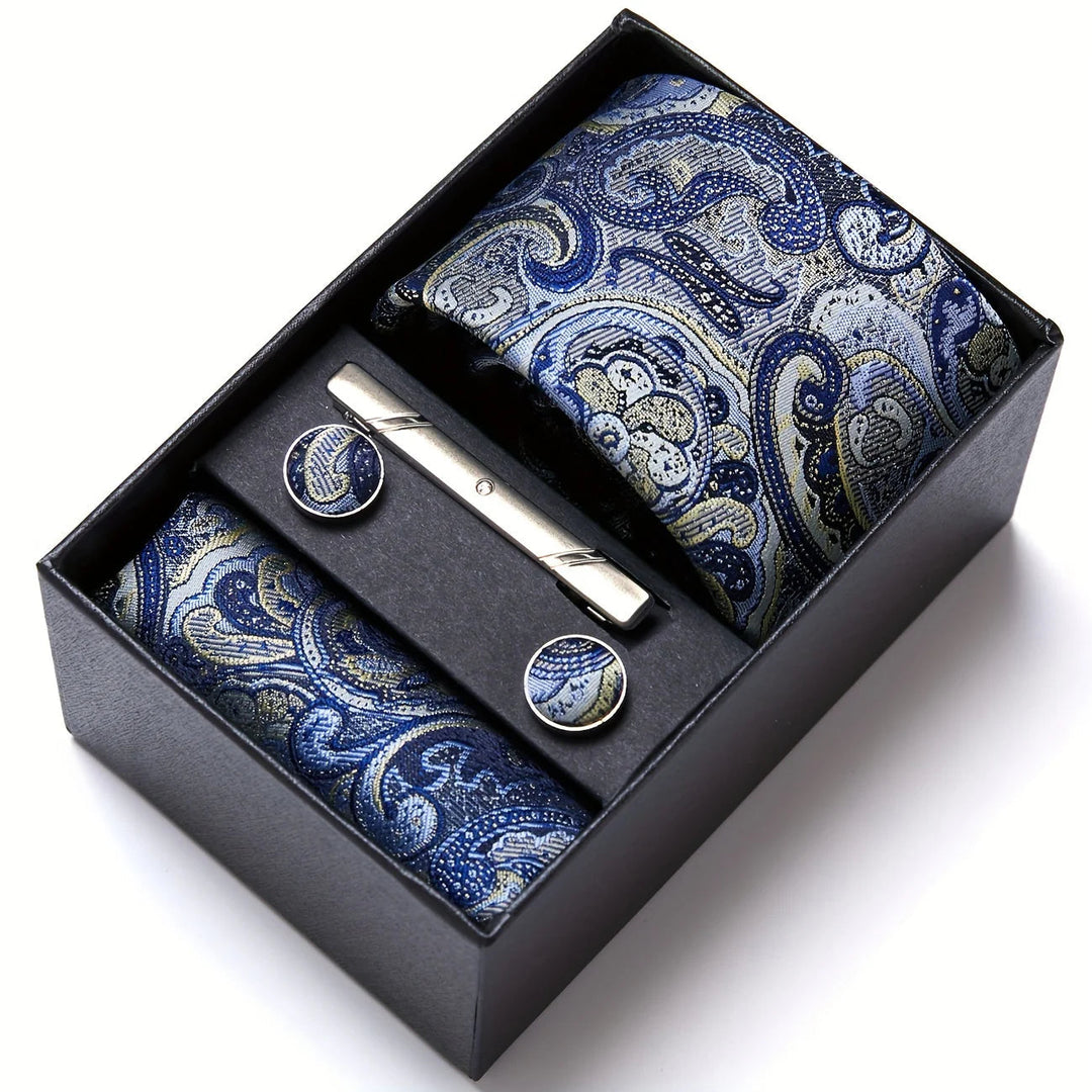 Men's Tie Set with Paisley Pattern – Matching Pocket Square Clip and Cufflinks 8