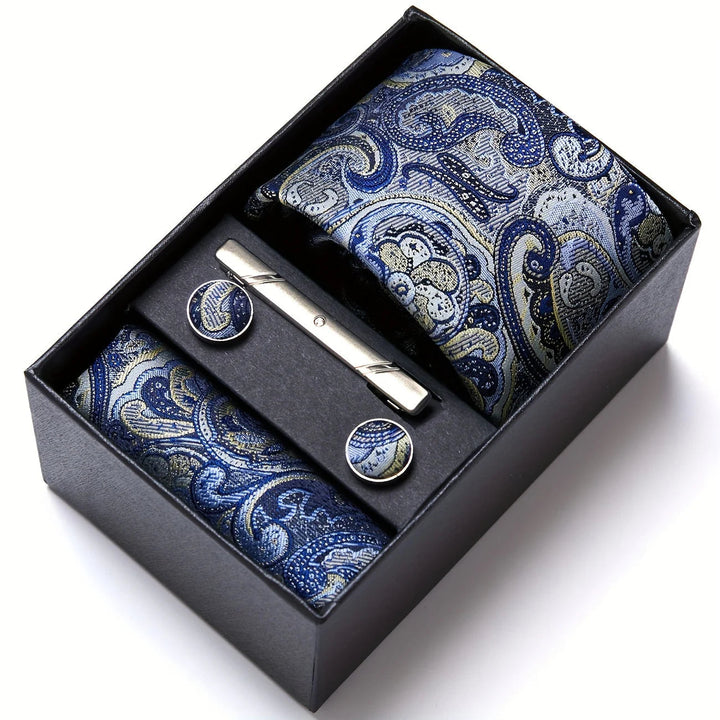 Men's Tie Set with Paisley Pattern – Matching Pocket Square Clip and Cufflinks 8