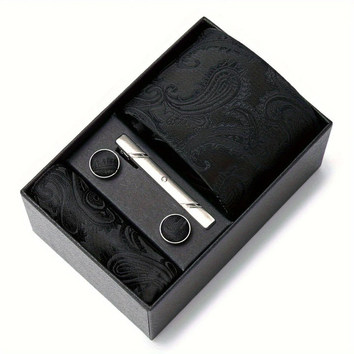 Men's Tie Set with Paisley Pattern – Matching Pocket Square Clip and Cufflinks 9