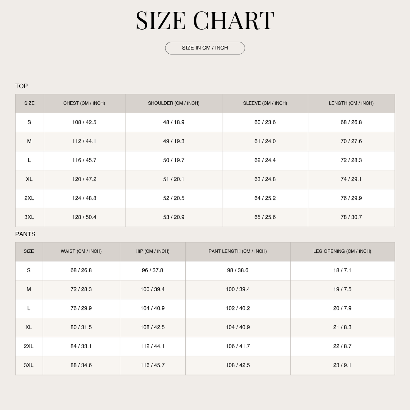 Men's Waffle Knit Two-Piece Set – Top and Pants size chart