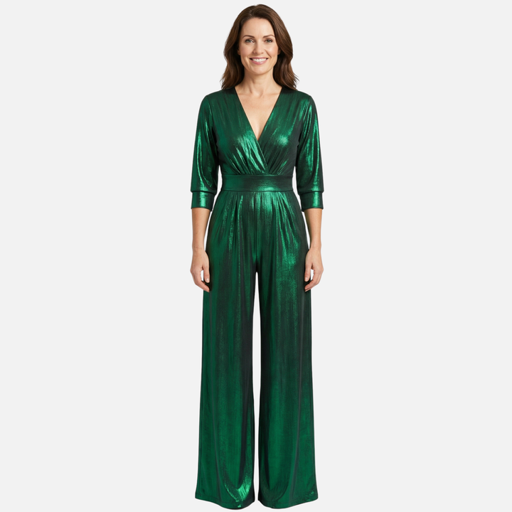Shiny V-Neck Party Jumpsuit with Pleat Waist for Women