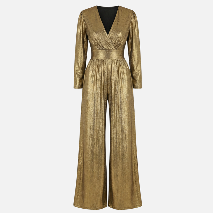 Shiny V-Neck Party Jumpsuit with Pleat Waist for Women