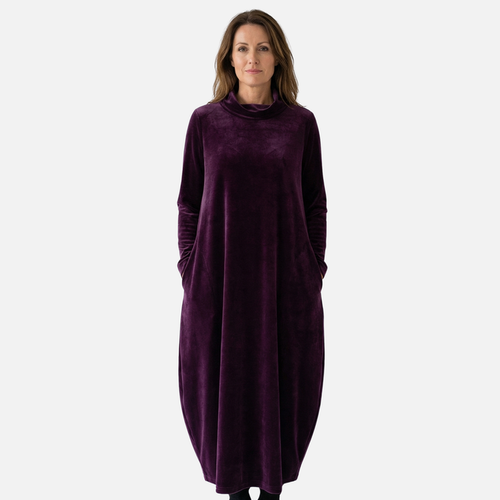 Midi Velvet Turtleneck Dress with Pockets for Women