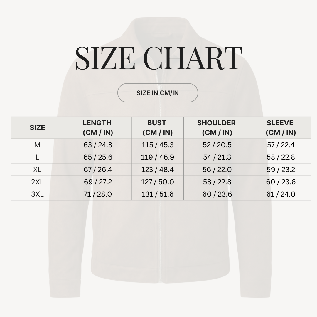 Suede Style Jacket – Transitional Outerwear for Men size chart