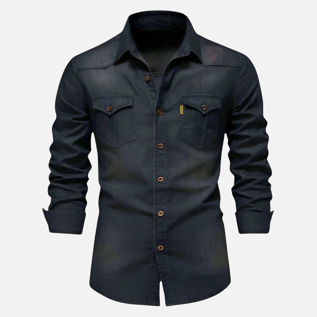 Modern Fit Cotton Denim Shirt – Long Sleeve Button Up for Men