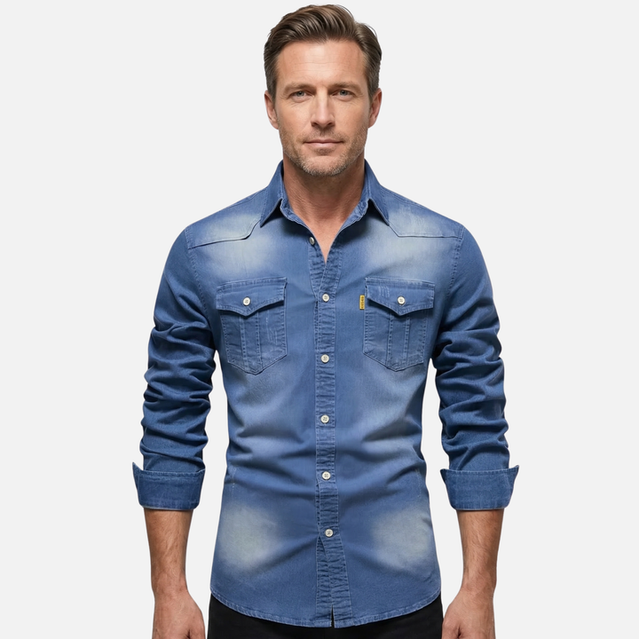 Modern Fit Cotton Denim Shirt – Long Sleeve Button Up for Men