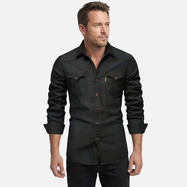 Modern Fit Cotton Denim Shirt – Long Sleeve Button Up for Men