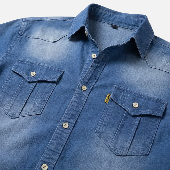 Modern Fit Cotton Denim Shirt – Long Sleeve Button Up for Men