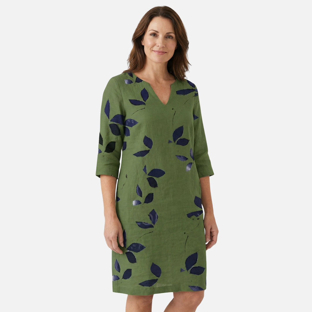 Nature Print Midi Dress – V-Neck, Roll-Tab 3/4 Sleeves for Women