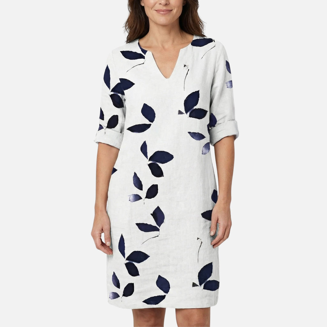 Nature Print Midi Dress – V-Neck, Roll-Tab 3/4 Sleeves for Women