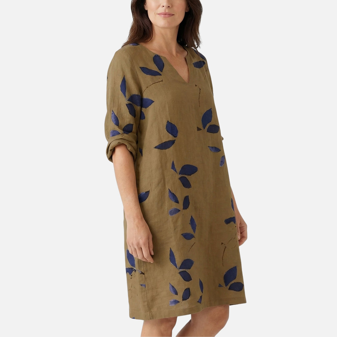 Nature Print Midi Dress – V-Neck, Roll-Tab 3/4 Sleeves for Women