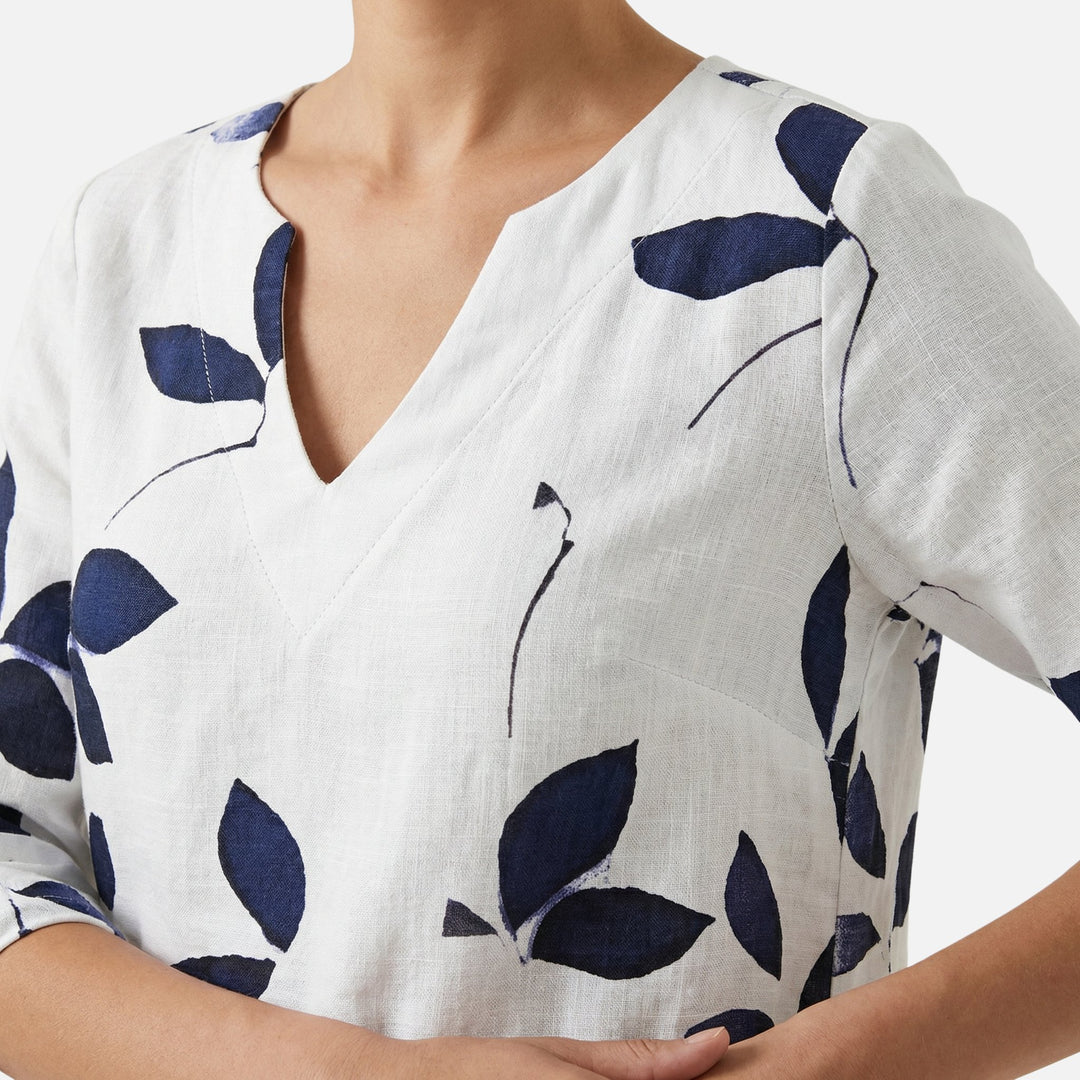 Nature Print Midi Dress – V-Neck, Roll-Tab 3/4 Sleeves for Women