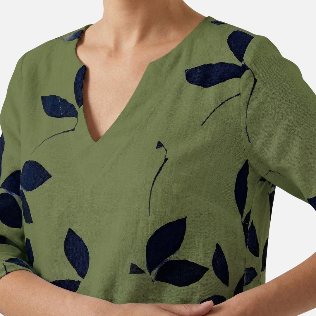 Nature Print Midi Dress – V-Neck, Roll-Tab 3/4 Sleeves for Women