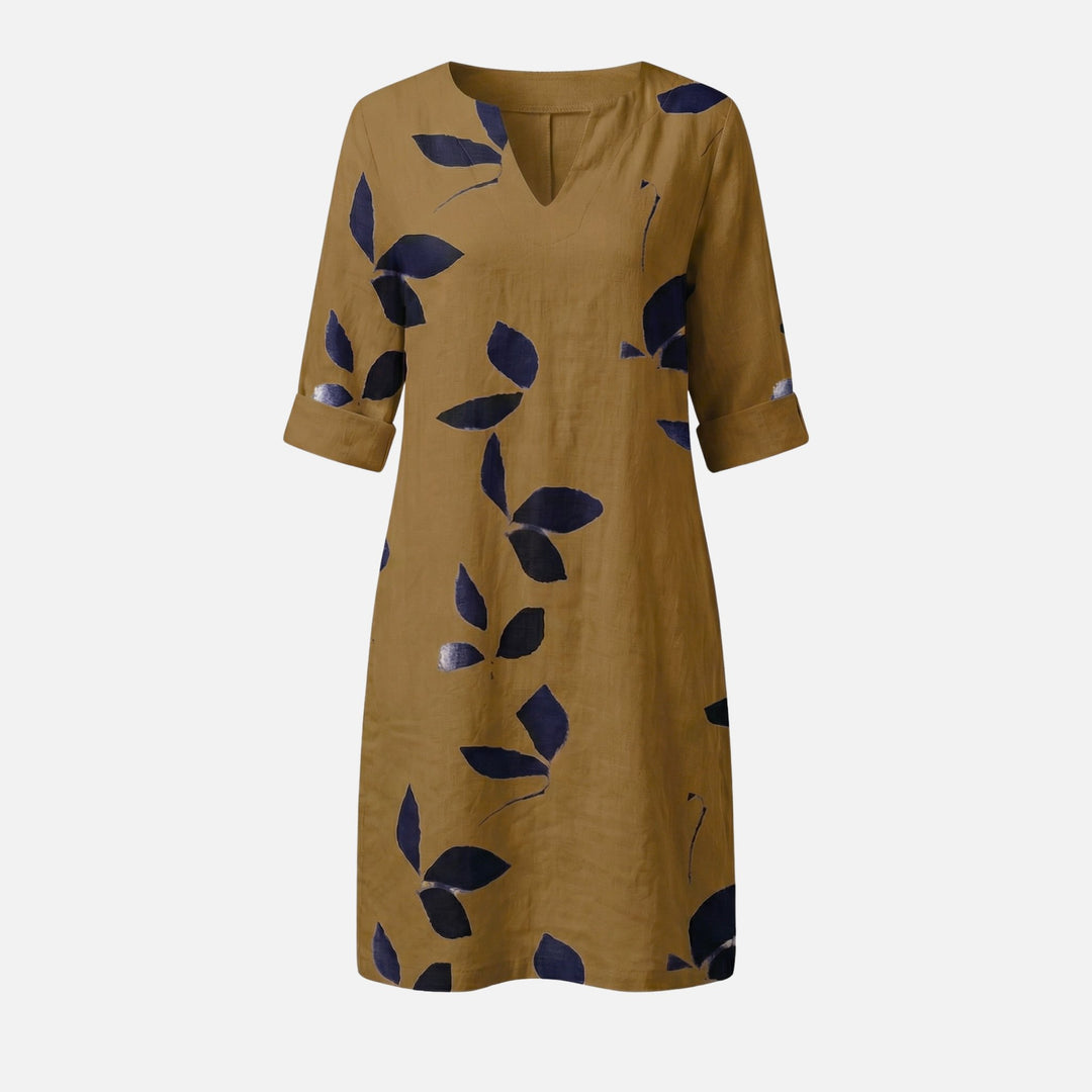 Nature Print Midi Dress – V-Neck, Roll-Tab 3/4 Sleeves for Women