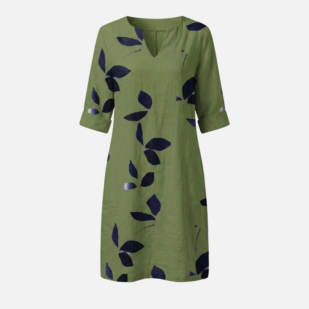 Nature Print Midi Dress – V-Neck, Roll-Tab 3/4 Sleeves for Women