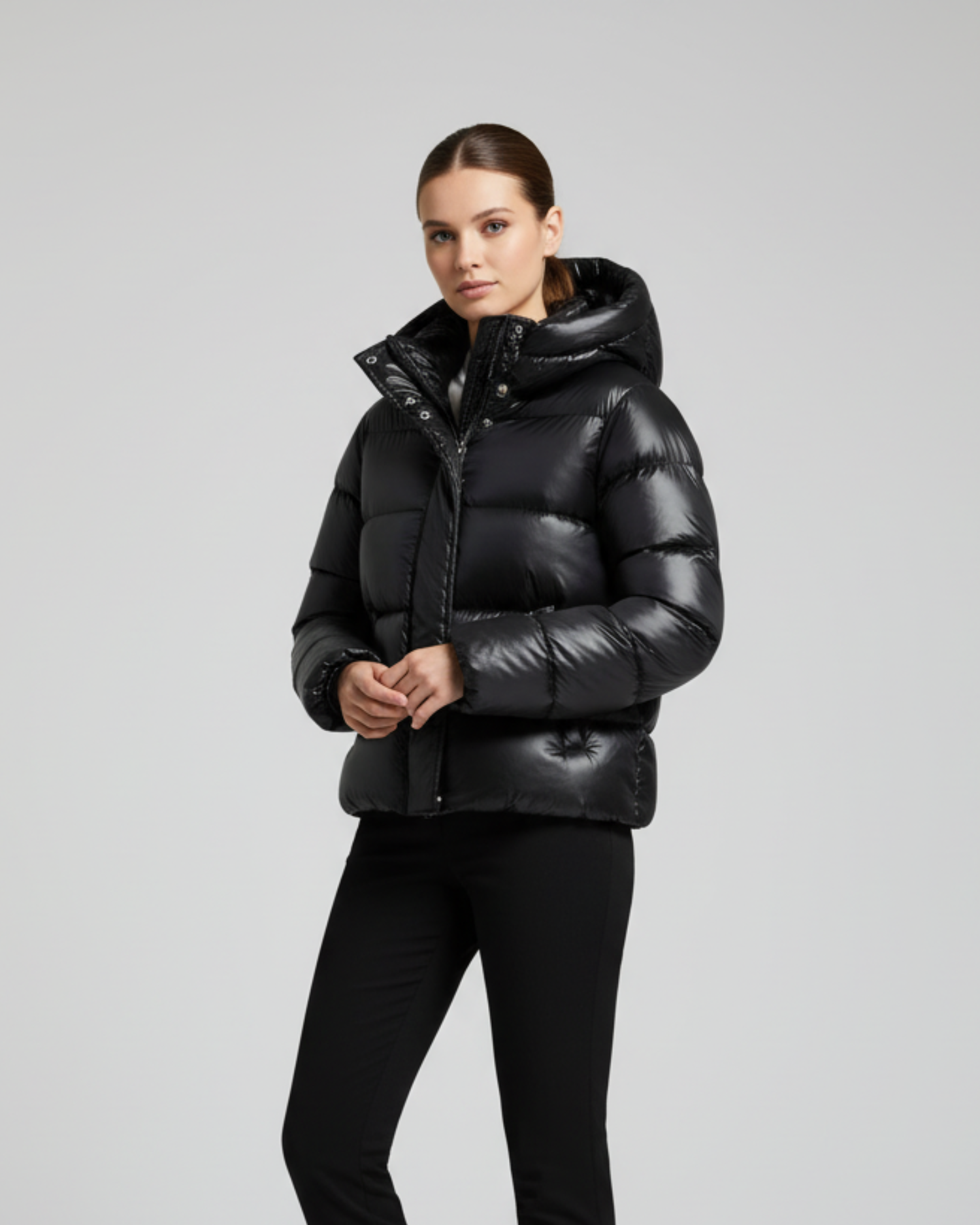 Cecole | Women’s Shiny Finish Hooded Puffer Jacket with Cropped Silhouette
