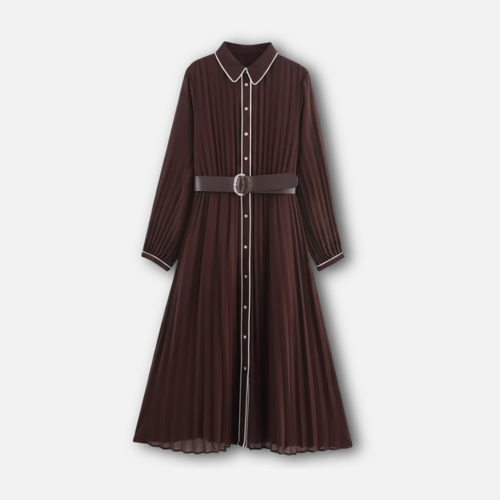 Pleated Chiffon Midi Dress with Belted Waist for Women